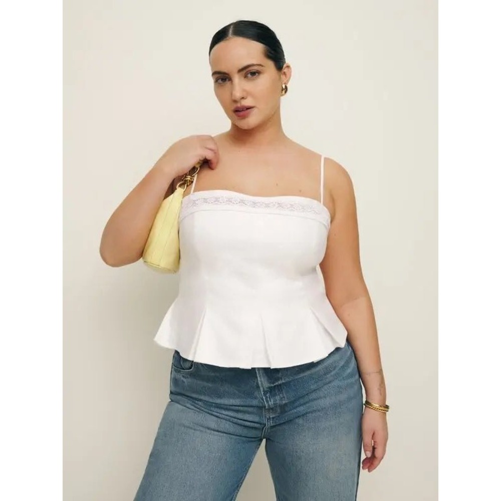 Reformation Merle Linen Top Womens 20 White Lace Trim Peplum Cami Zip Back